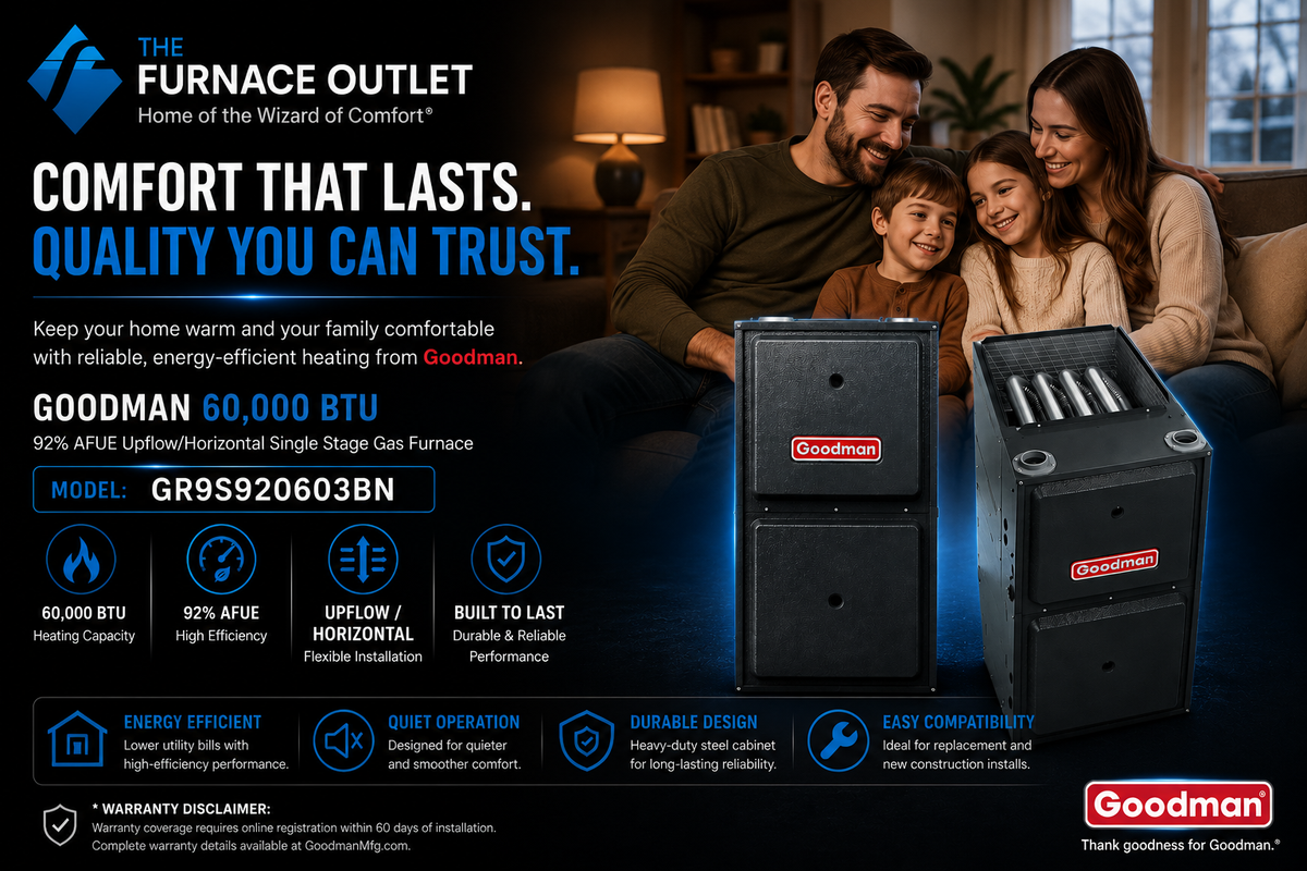 Goodman GR9S920603BN 60,000 BTU 92% AFUE 208/230V Upflow/Horizontal Single Stage Gas Furnace for Energy-Efficient Residential Heating