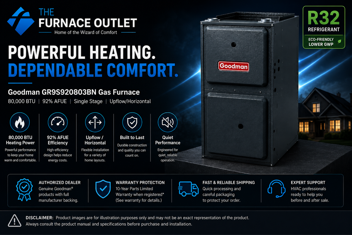 Goodman GR9S920803BN 80000 BTU 115 Volt 92% AFUE Single Stage Upflow/Horizontal Gas Furnace for Energy-Efficient Residential Heating