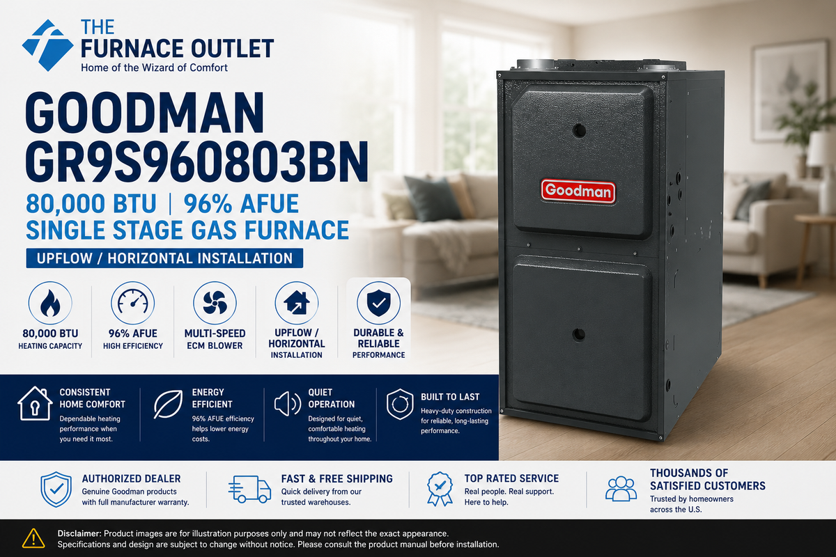 Goodman GR9S960803BN 80,000 BTU 96% AFUE Single Stage Upflow/Horizontal Gas Furnace – High Efficiency Multi-Speed ECM Heating System