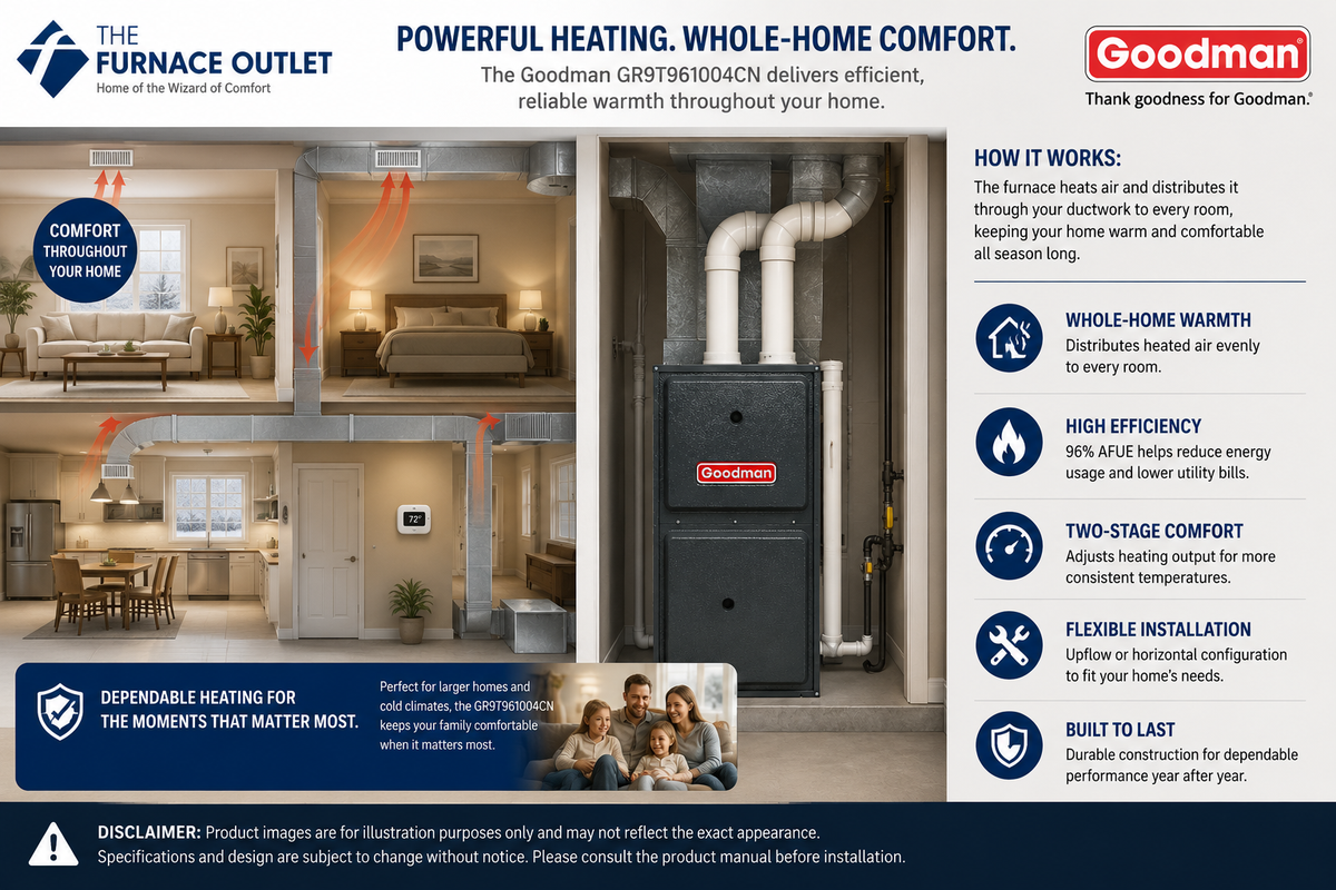 Goodman GR9T961004CN 100,000 BTU 96% AFUE Upflow/Horizontal Two-Stage Gas Furnace – High Efficiency Residential Heating System
