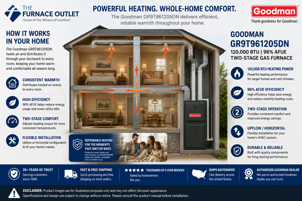Goodman GR9T961205DN 120,000 BTU 96% AFUE Upflow/Horizontal Two-Stage Gas Furnace – High Efficiency Residential Heating System