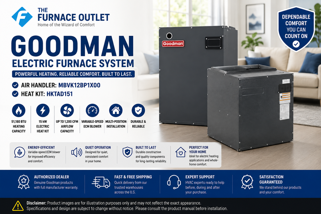 Goodman MBVK12BP1X00 51,180 BTU 15 kW Electric Furnace with HKTAD151 Heat Kit – 1,200 CFM Variable-Speed Air Handler System