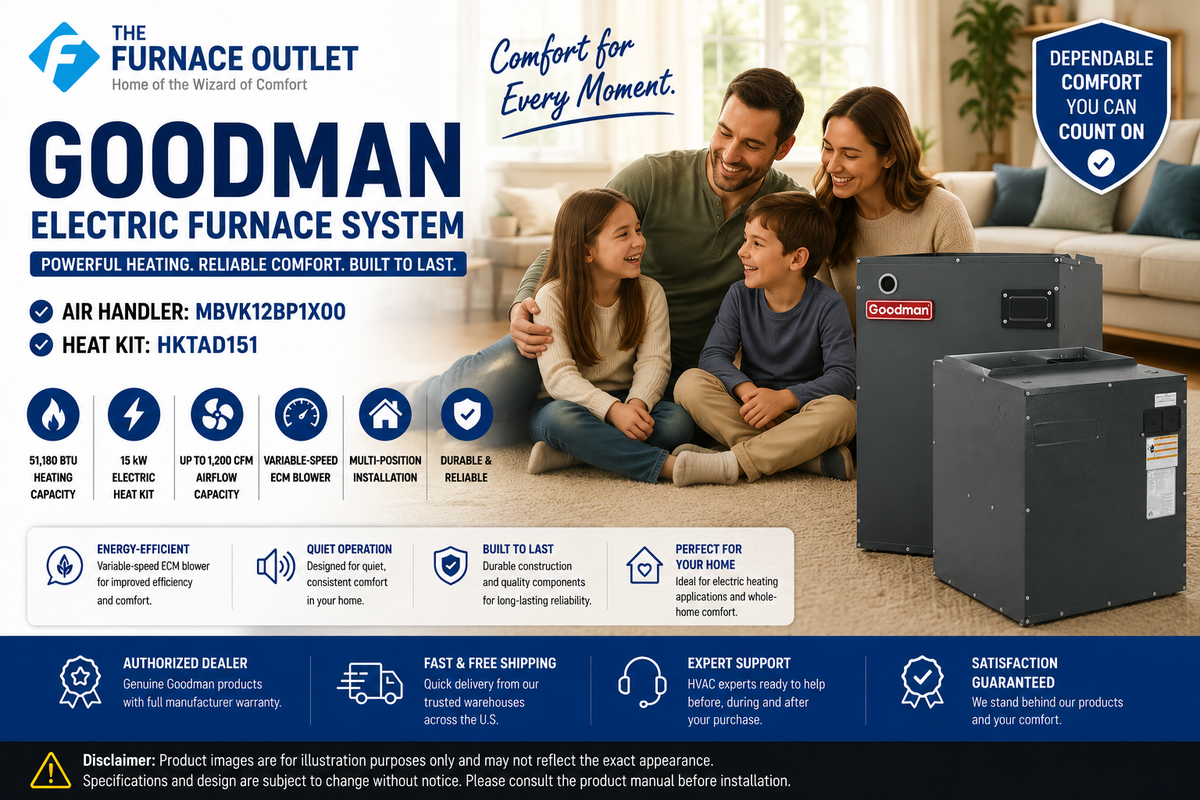 Goodman MBVK12BP1X00 51,180 BTU 15 kW Electric Furnace with HKTAD151 Heat Kit – 1,200 CFM Variable-Speed Air Handler System