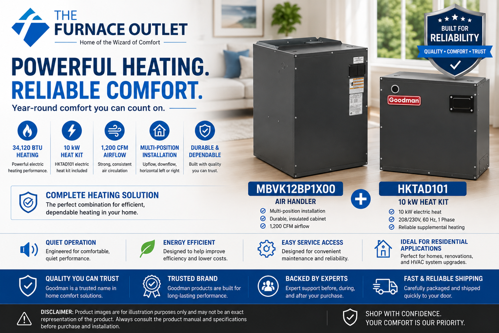 Goodman MBVK12BP1X00 Air Handler with HKTAD101 10 kW Electric Heat Kit 34120 BTU 208/230 Volt Multi-Position Electric Furnace with 1200 CFM Airflow for Residential HVAC Systems
