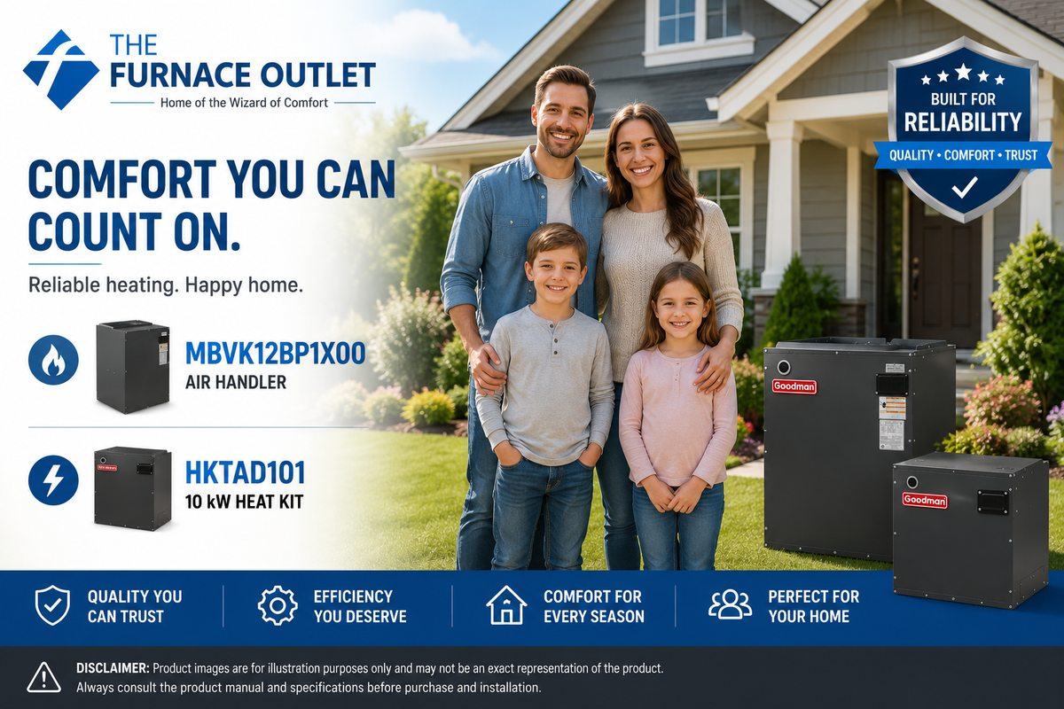 Goodman MBVK12BP1X00 Air Handler with HKTAD101 10 kW Electric Heat Kit 34120 BTU 208/230 Volt Multi-Position Electric Furnace with 1200 CFM Airflow for Residential HVAC Systems