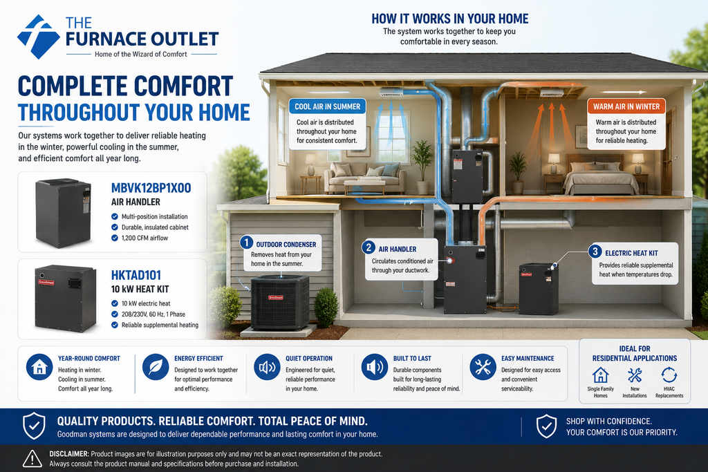 Goodman MBVK12BP1X00 Air Handler with HKTAD101 10 kW Electric Heat Kit 34120 BTU 208/230 Volt Multi-Position Electric Furnace with 1200 CFM Airflow for Residential HVAC Systems