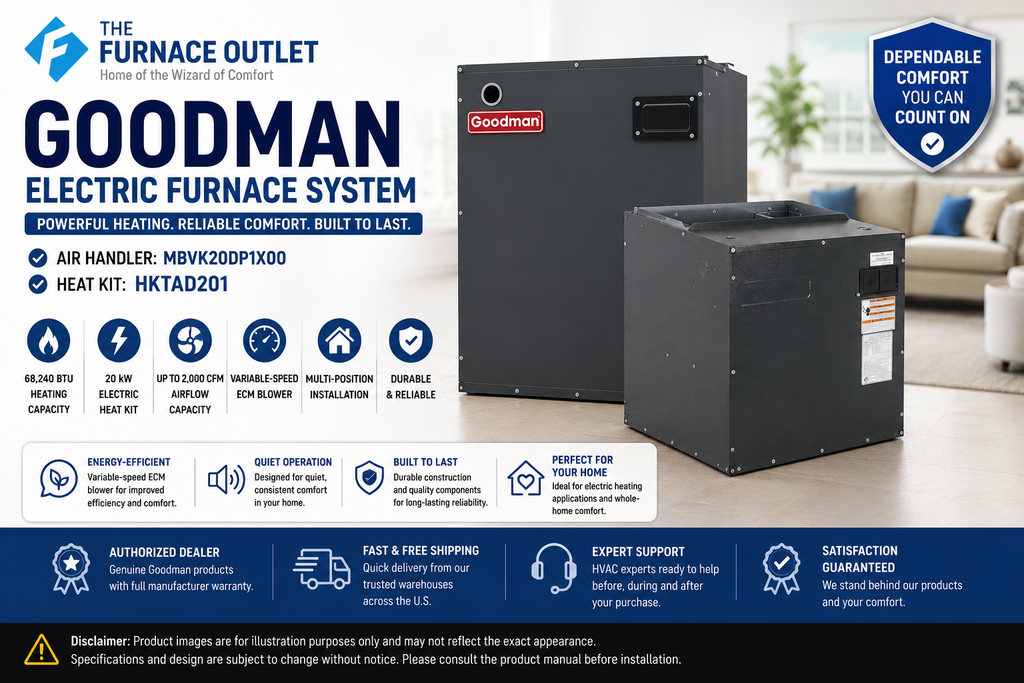 Goodman MBVK20DP1X00 68,240 BTU 20 kW Electric Furnace with HKTAD201 Heat Kit – 2,000 CFM Variable-Speed Air Handler System