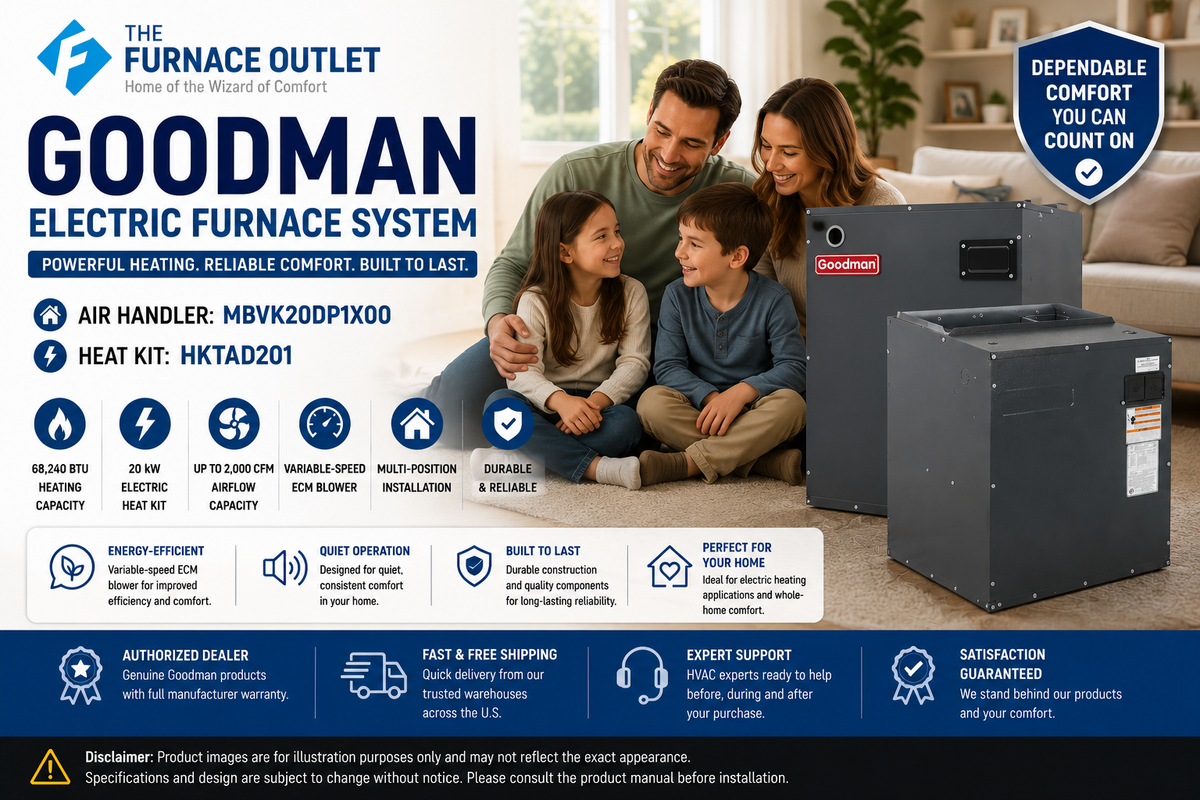 Goodman MBVK20DP1X00 68,240 BTU 20 kW Electric Furnace with HKTAD201 Heat Kit – 2,000 CFM Variable-Speed Air Handler System