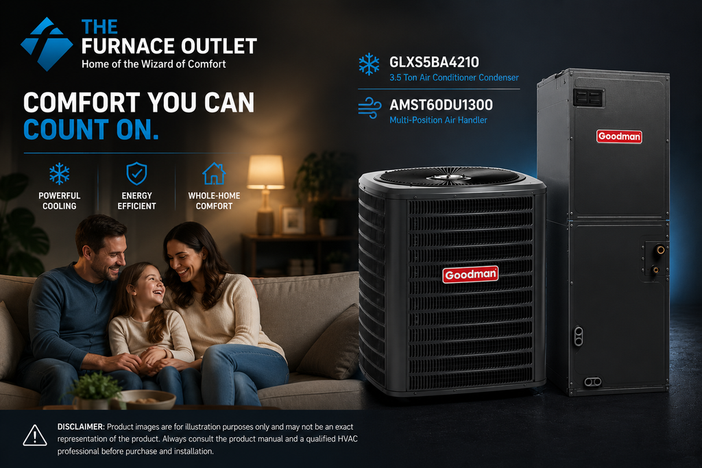 Goodman GLXS4BA4810 4 Ton 14.5 SEER2 R-32 208/230 Volt Central Air Conditioner Condenser with AMST60DU1300 Multi-Position Air Handler System for Residential Cooling Comfort